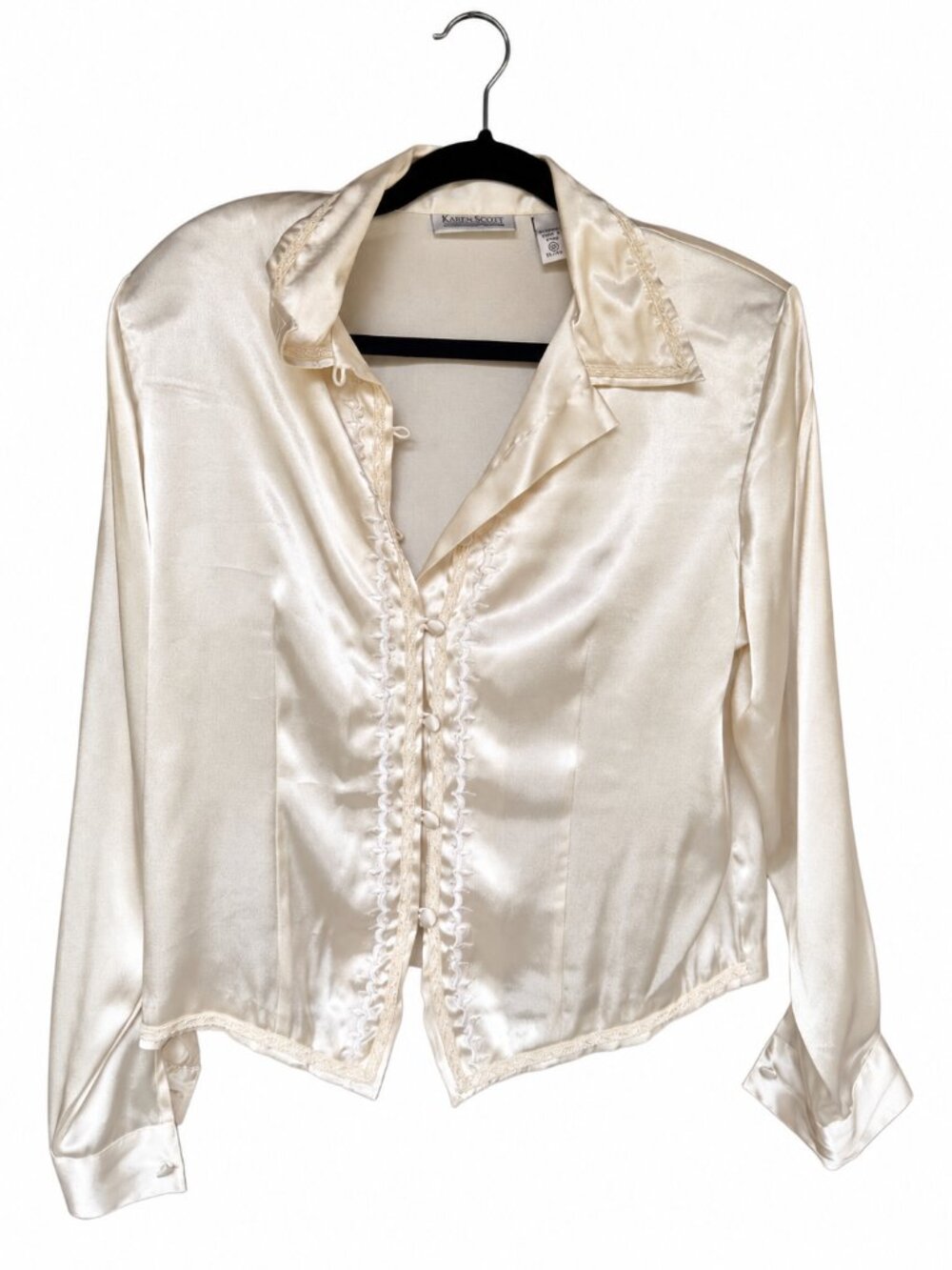 Vintage Karen Scott Ivory Satin Embroidered Blouse 10 Pearl Detail Romantic